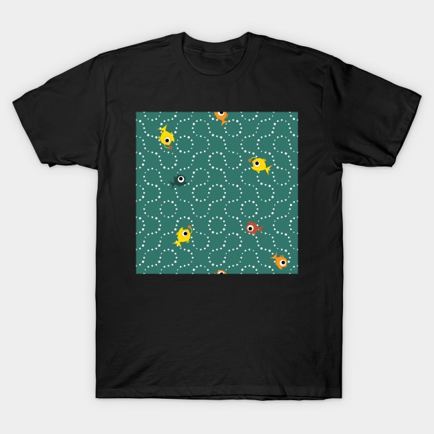 Truchet - curves and fish on sea green T-Shirt by kobyakov